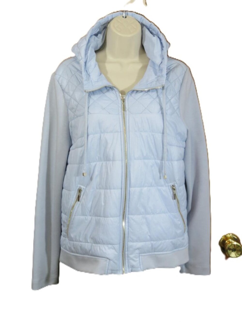 Elena Wang Women’s Orchid Quilted Puffer with Knit Sleeve Jacket Hooded Zip Med